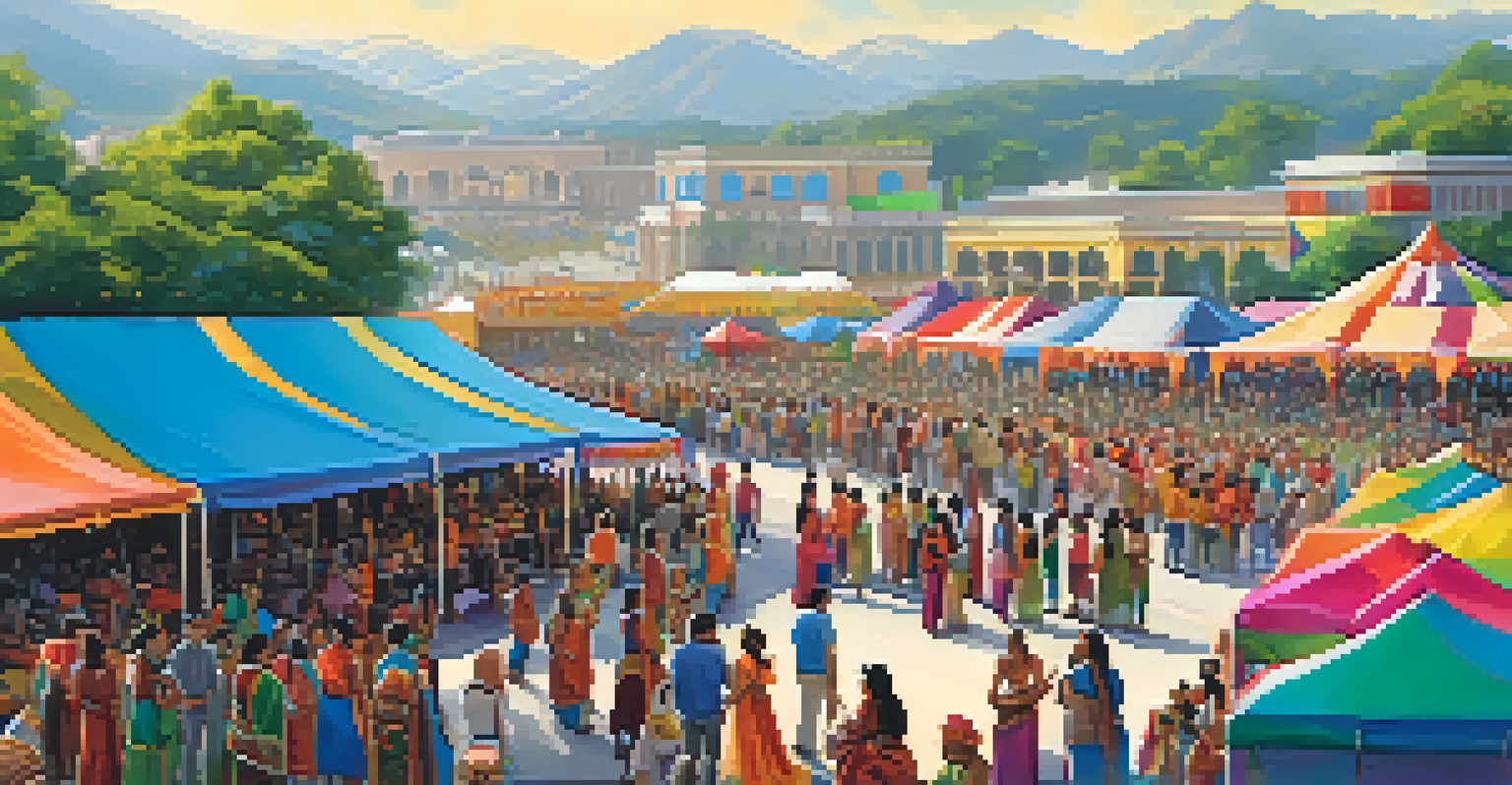 A lively outdoor cultural festival with diverse performances, food stalls, and colorful decorations, celebrating cultural diversity.