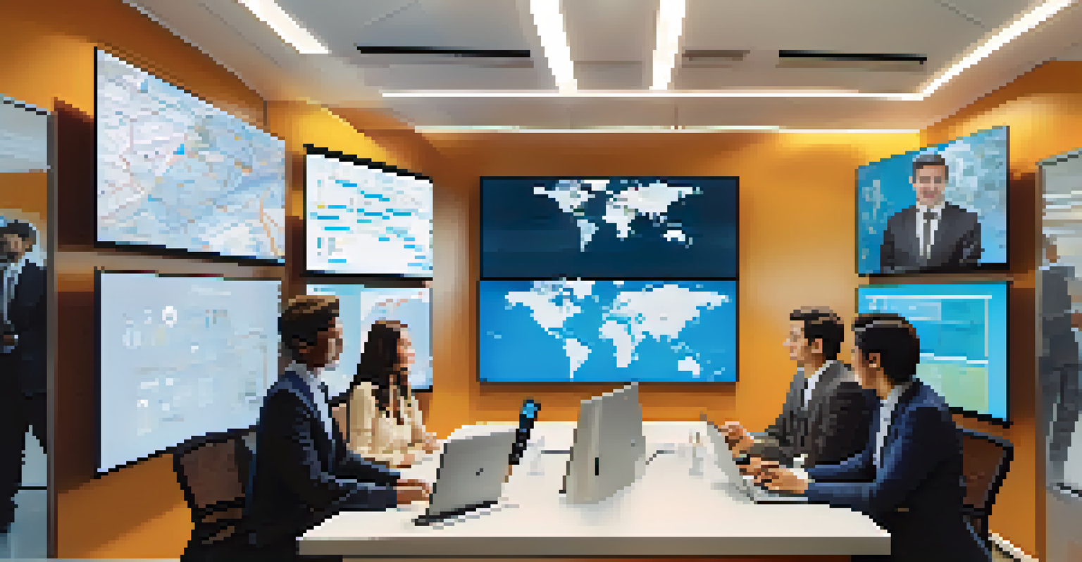 A modern workspace featuring video conferencing technology, with screens showing faces from around the world.