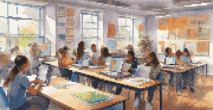 A lively classroom with students working on laptops, creating digital portfolios. The room is bright and colorful, with educational posters and natural light.