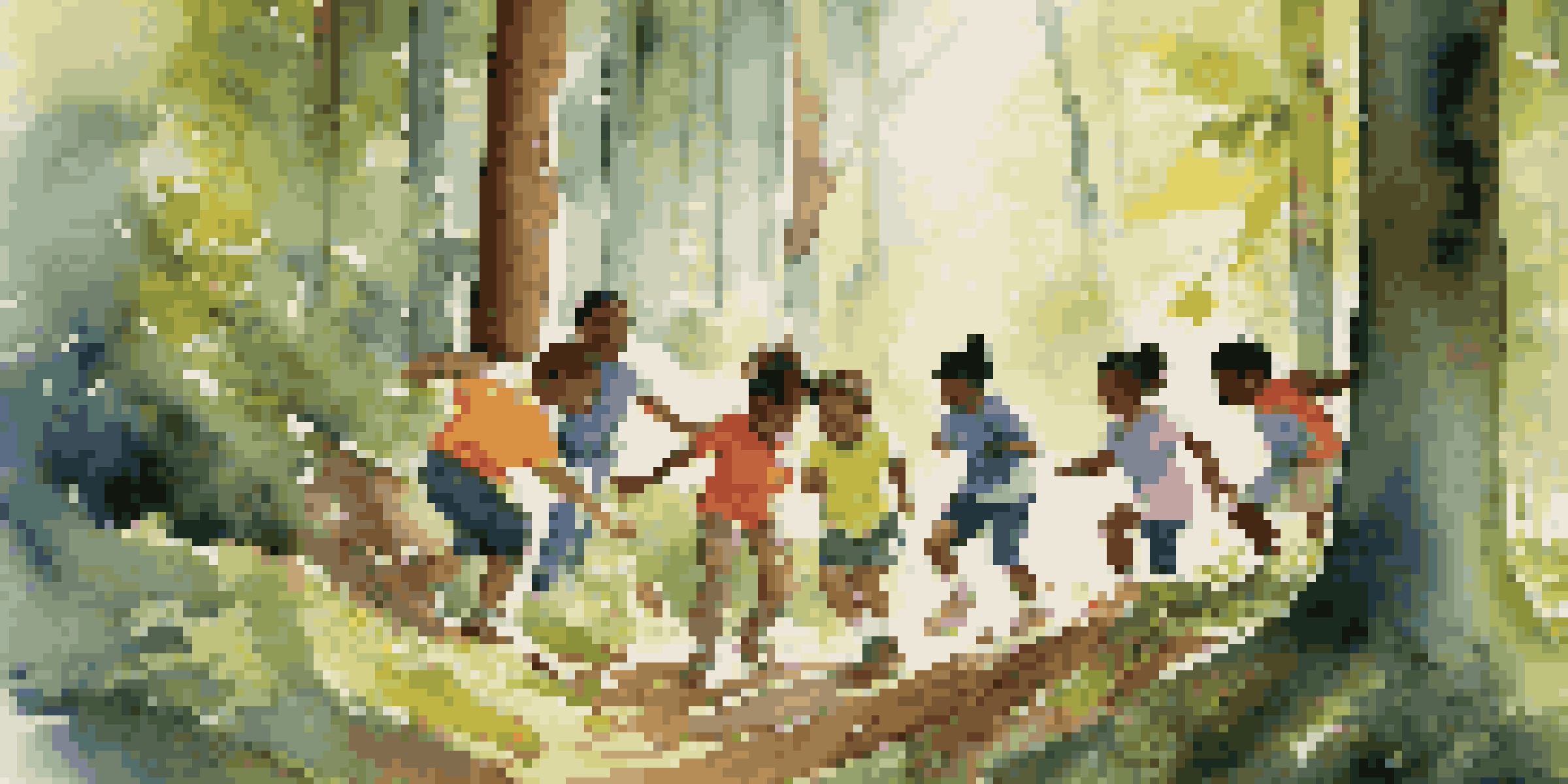 A diverse group of children participating in a team-building activity in a sunlit forest, working together on a natural obstacle course.
