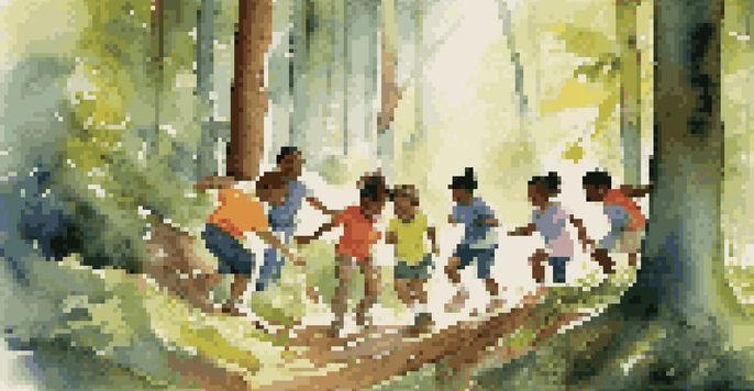 A diverse group of children participating in a team-building activity in a sunlit forest, working together on a natural obstacle course.