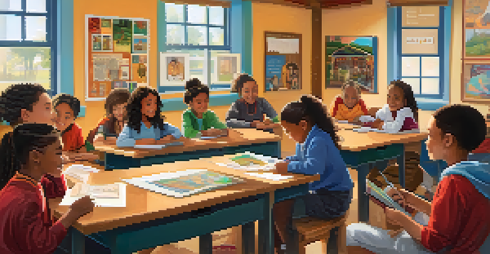 A diverse group of students in a classroom sharing their family heritage stories with colorful cultural artifacts on the walls.