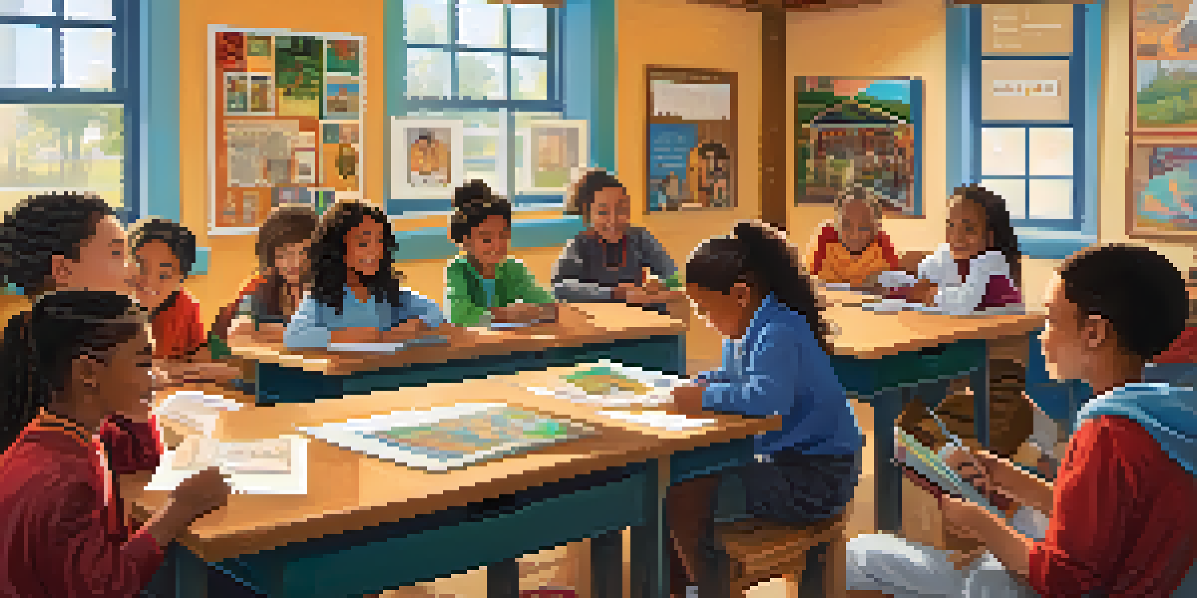 A diverse group of students in a classroom sharing their family heritage stories with colorful cultural artifacts on the walls.
