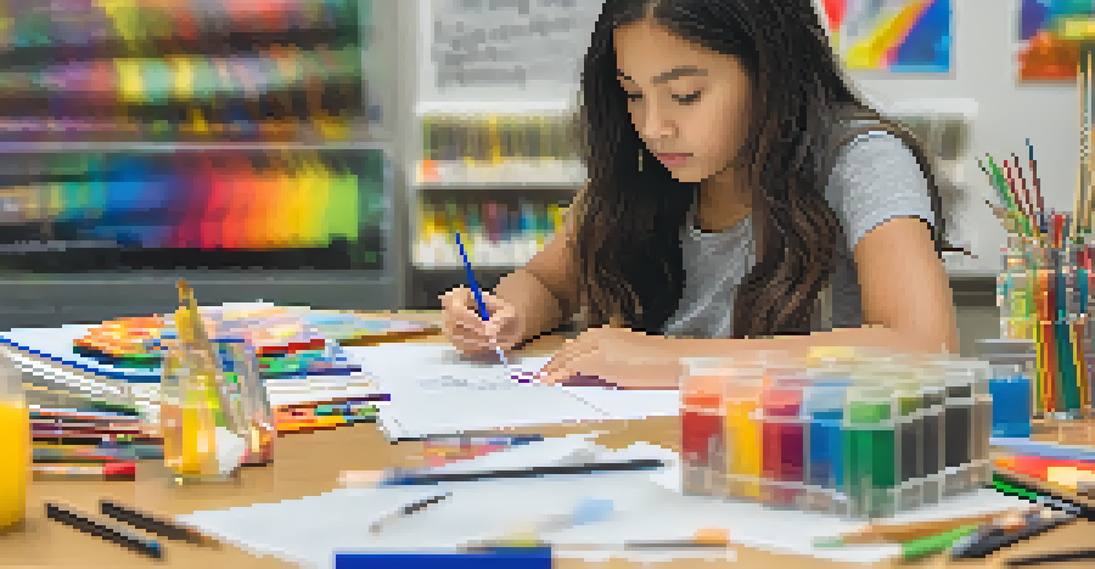 A focused student taking notes during an engaging hands-on learning activity with colorful materials around.