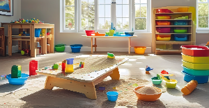A vibrant sensory play area for children, with textured materials like sand and water, and colorful toys under sunlight.
