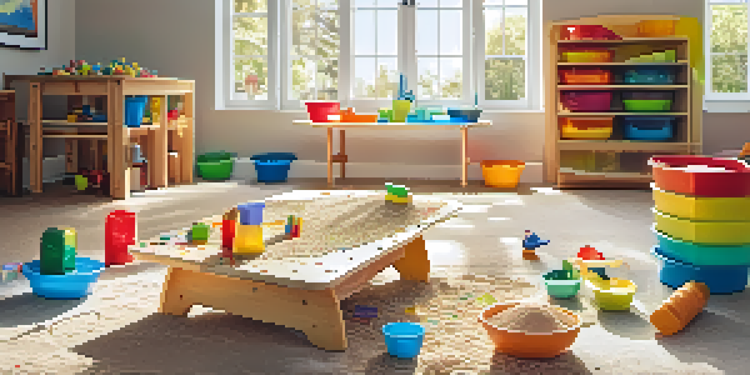 A vibrant sensory play area for children, with textured materials like sand and water, and colorful toys under sunlight.