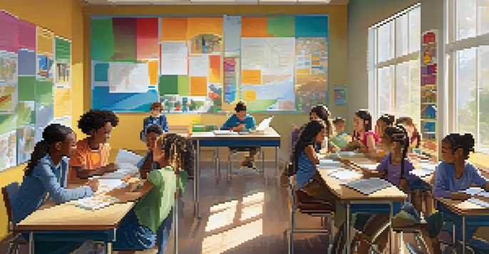 A diverse group of students collaborating in a brightly lit classroom with colorful educational materials.