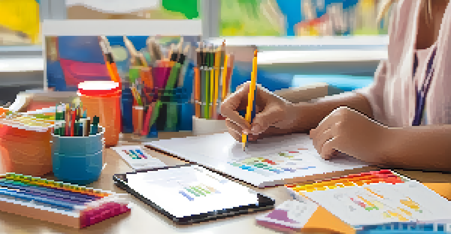 A teacher's hands organizing personalized learning materials on a table filled with colorful worksheets and technology tools.