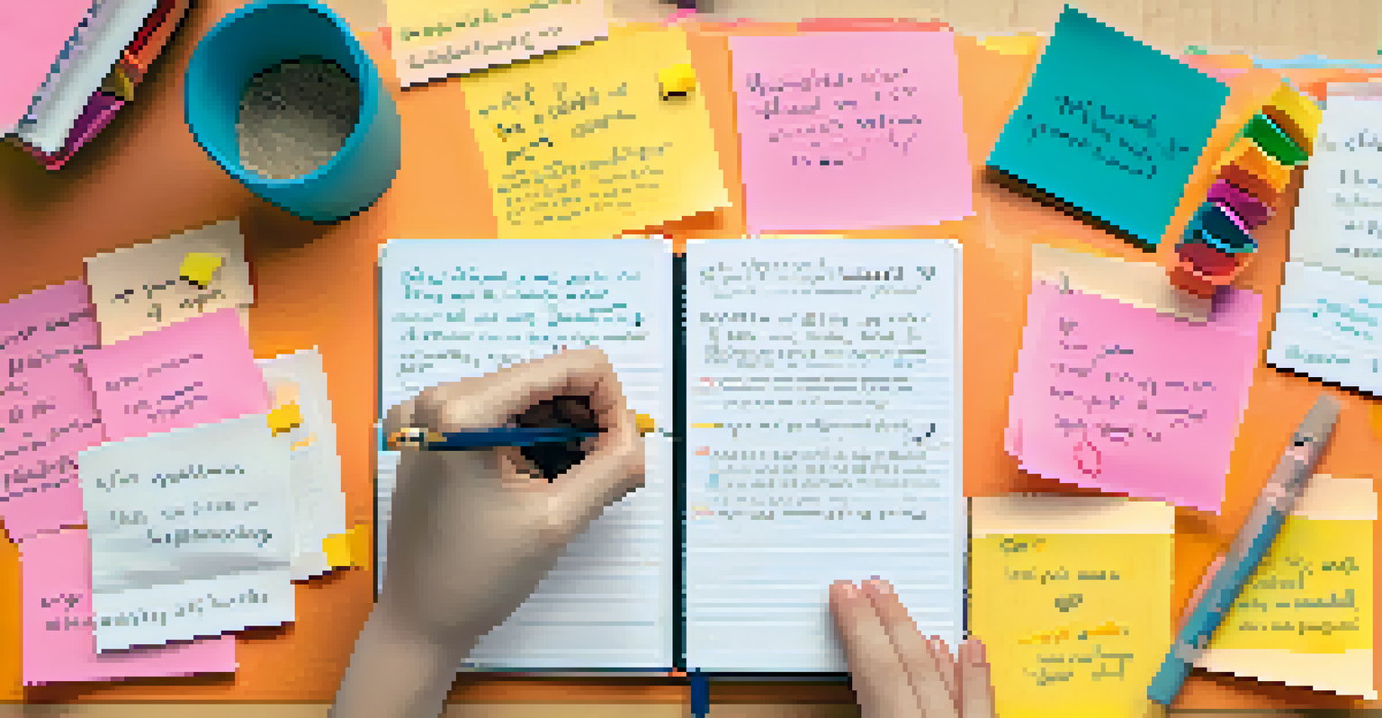 Close-up of a student's hands writing positive affirmations in a notebook, with motivational quotes in the background.