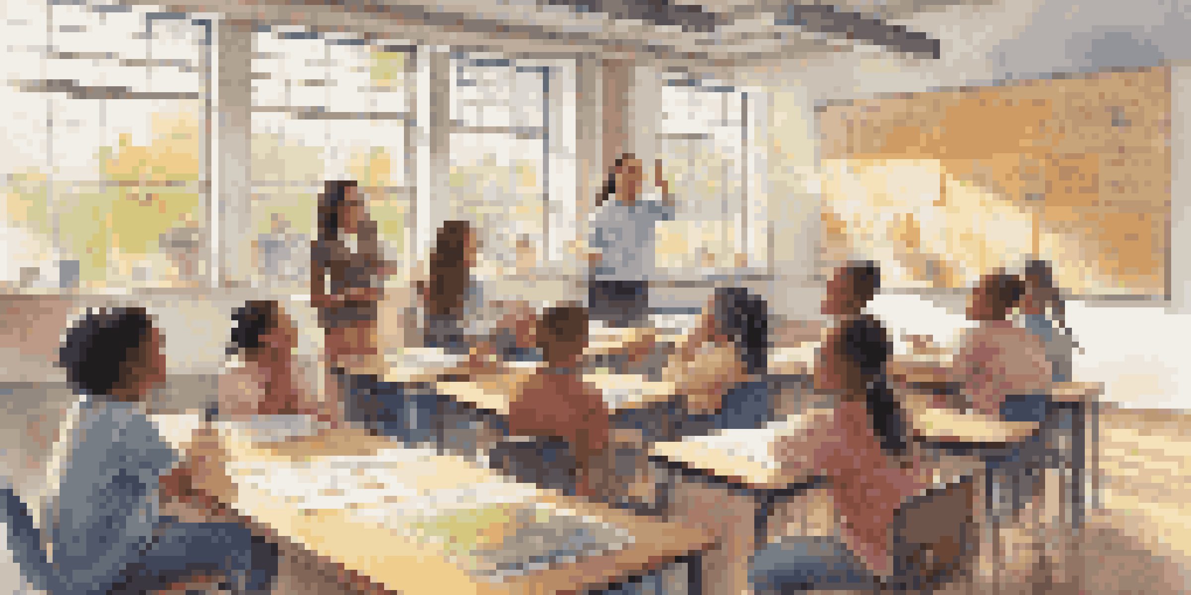 A diverse group of students in a bright classroom, collaborating on a project with one student presenting to the others.