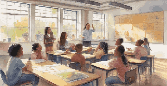 A diverse group of students in a bright classroom, collaborating on a project with one student presenting to the others.