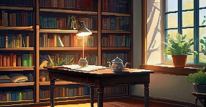 A cozy study space with a wooden desk, an open book, a cup of tea, and sunlight streaming through a window with plants.