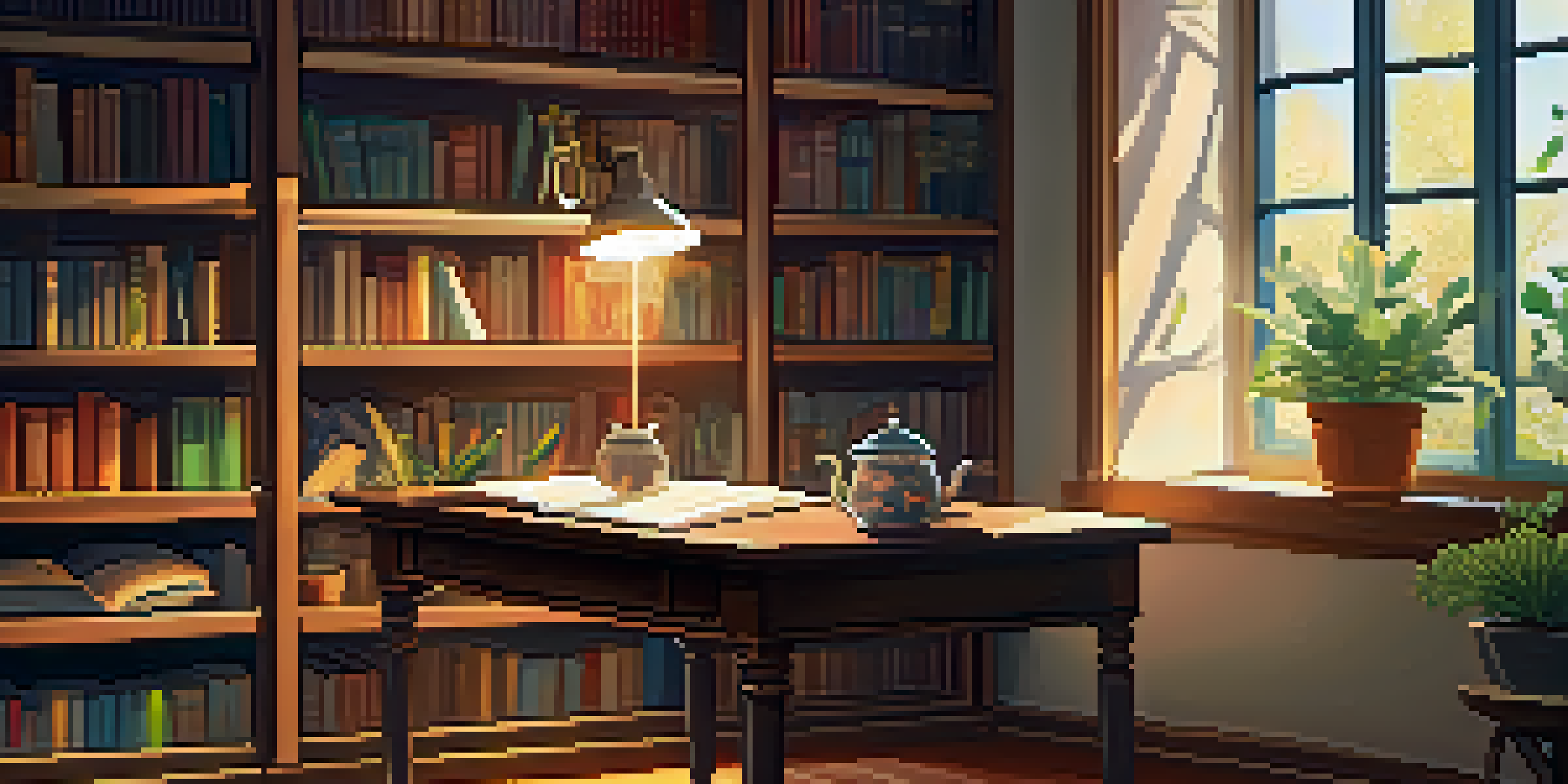 A cozy study space with a wooden desk, an open book, a cup of tea, and sunlight streaming through a window with plants.
