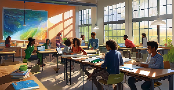 A diverse group of students collaborating in a bright classroom filled with educational materials on renewable energy.