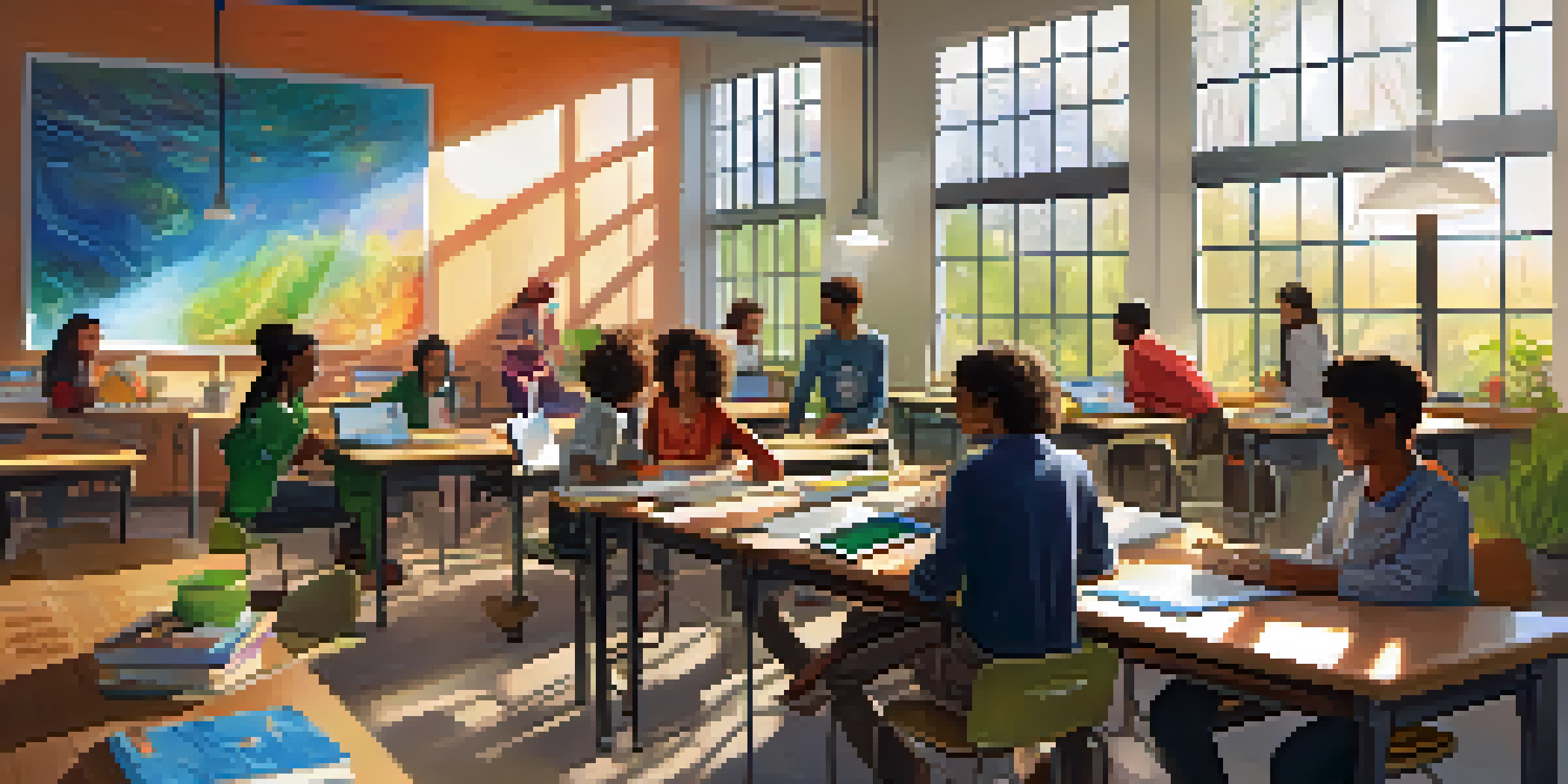 A diverse group of students collaborating in a bright classroom filled with educational materials on renewable energy.