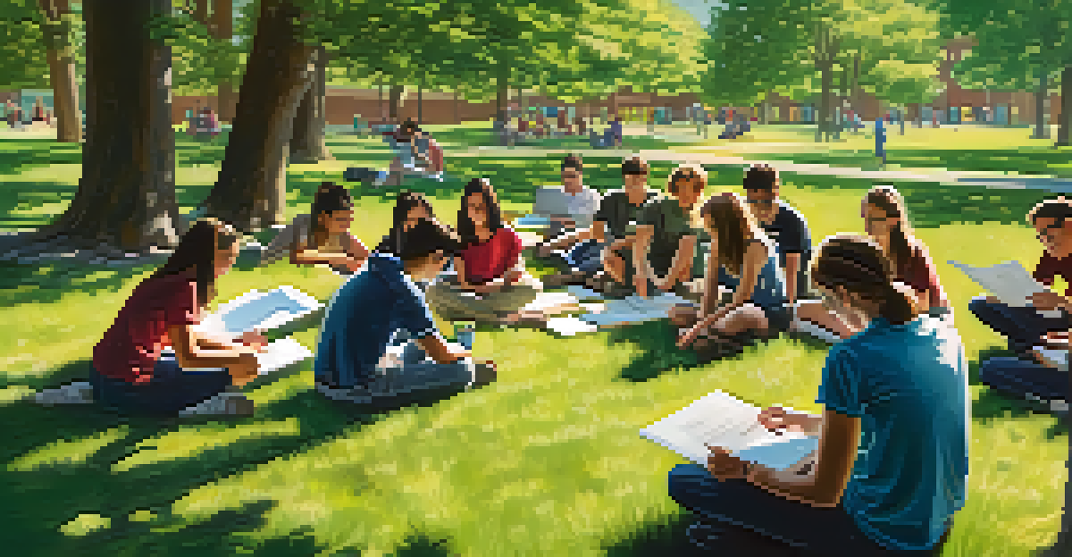 Students working together outdoors on an environmental project, surrounded by nature and collaborating enthusiastically.