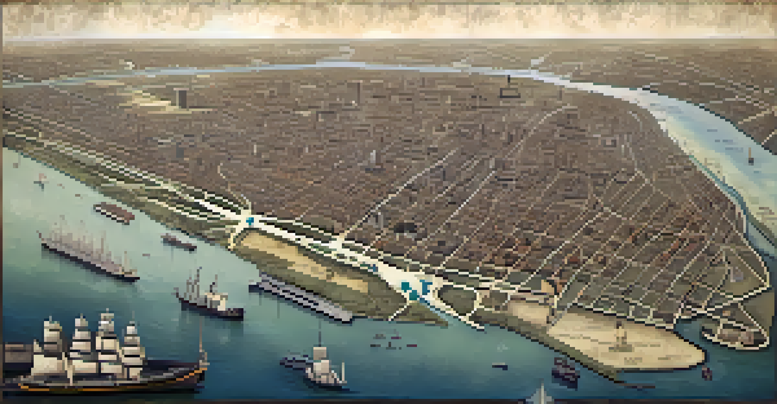 An antique-style map of New Orleans, displaying its historical changes with landmarks and waterways.
