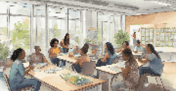 A group of diverse adult learners in a collaborative classroom, discussing and engaging with technology and resources.