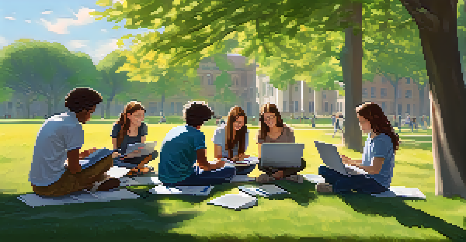 Students sitting on a grassy lawn using laptops and tablets for collaborative learning, with trees in the background and a sunny day.