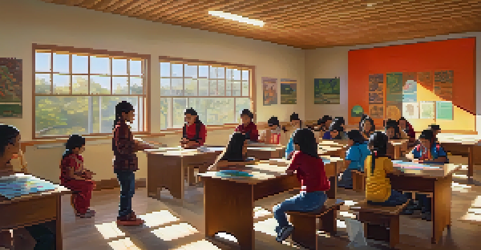 A lively classroom with indigenous students learning traditional ecological concepts, surrounded by colorful cultural artwork and natural materials, illuminated by sunlight.