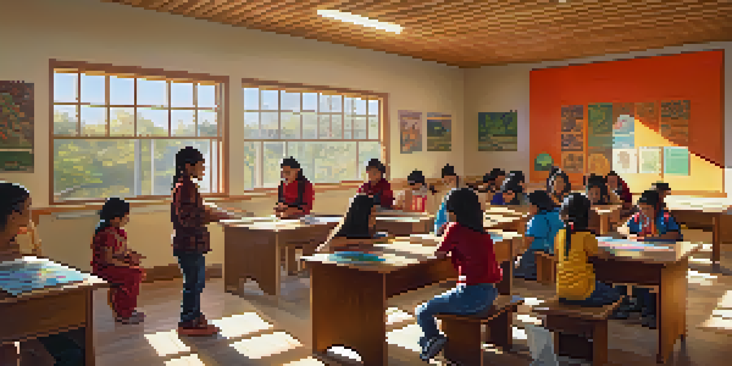 A lively classroom with indigenous students learning traditional ecological concepts, surrounded by colorful cultural artwork and natural materials, illuminated by sunlight.