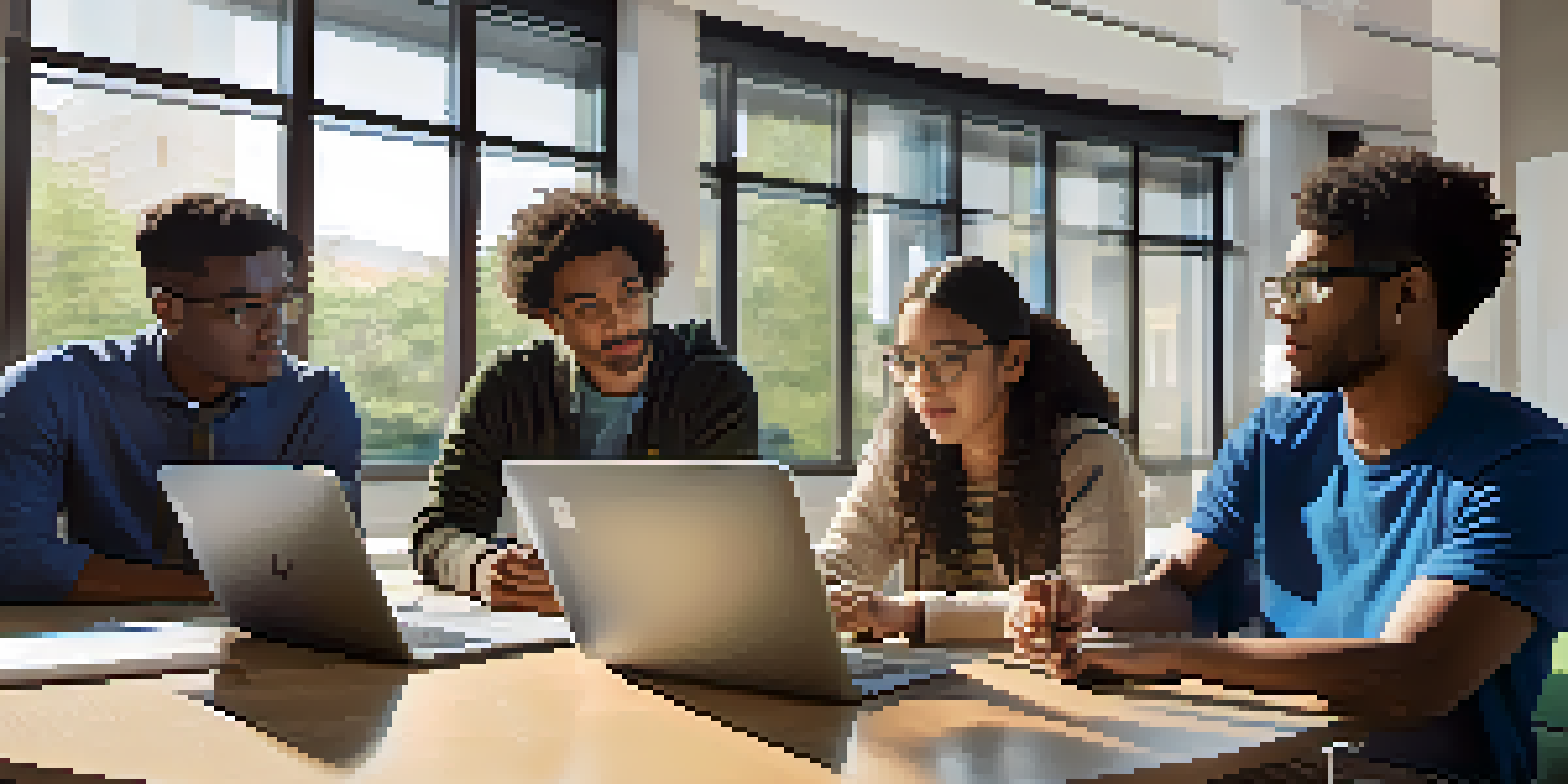 A group of diverse students collaborating on data analysis at a table, with laptops and tablets displaying charts and graphs.