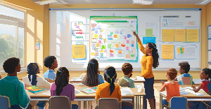 A lively classroom where a teacher uses diagrams to explain concepts to engaged students working with tablets and notebooks.