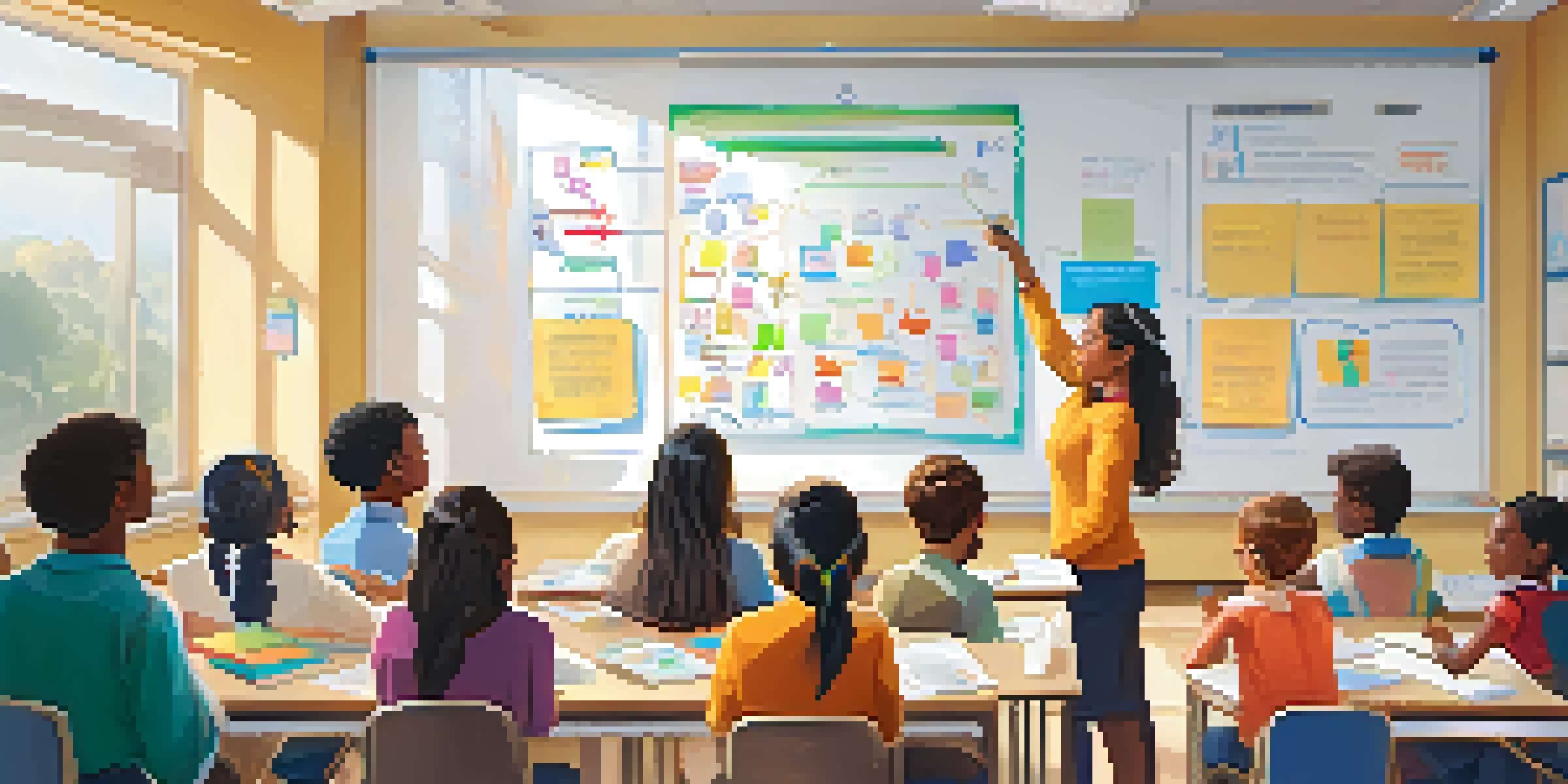 A lively classroom where a teacher uses diagrams to explain concepts to engaged students working with tablets and notebooks.