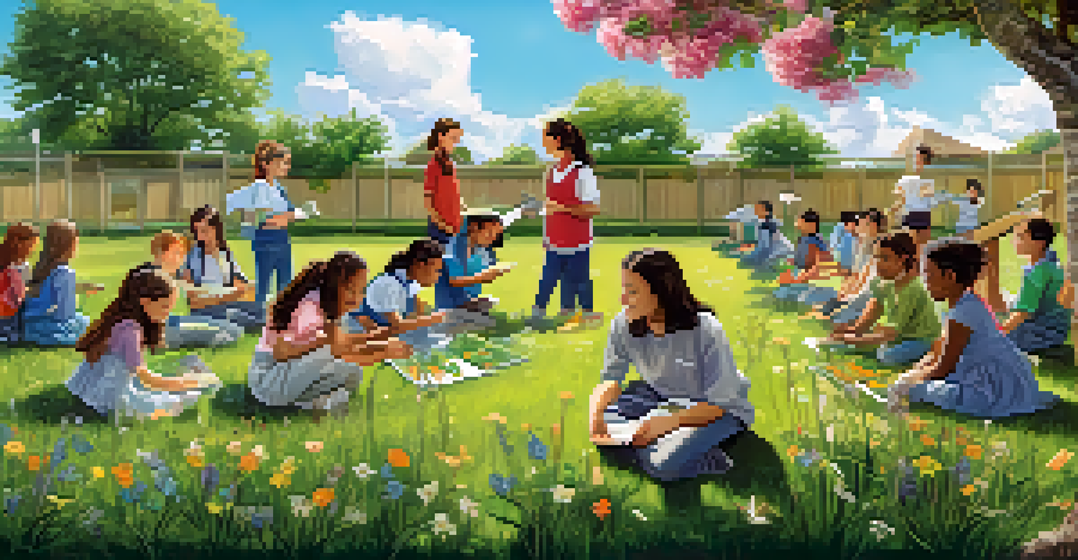 A vibrant outdoor classroom in spring with students and a teacher participating in a science activity among blooming flowers.