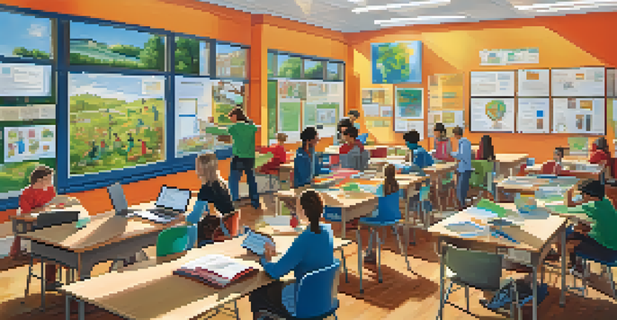 A lively classroom with diverse students actively participating in learning activities, illuminated by sunlight.