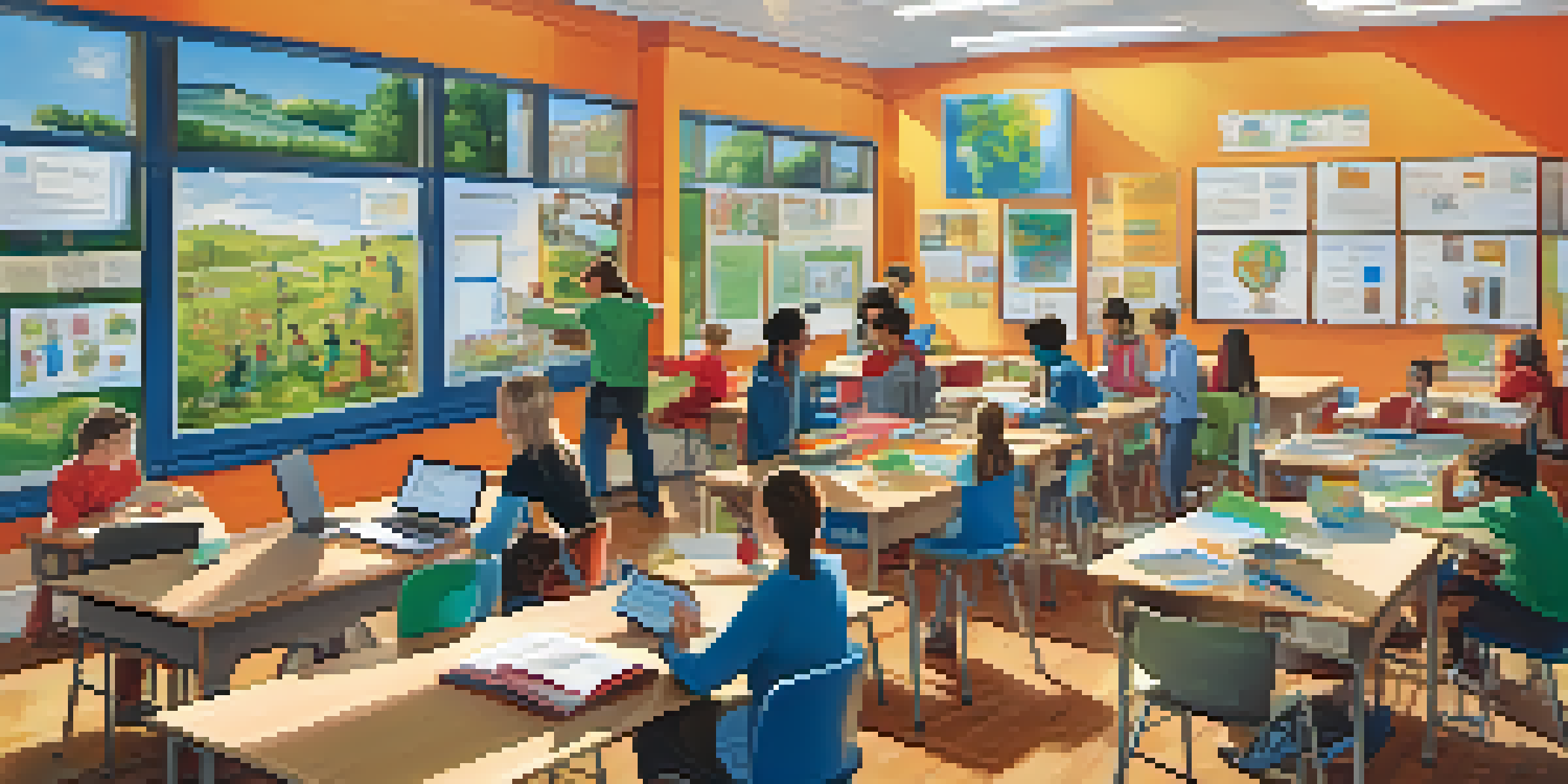 A lively classroom with diverse students actively participating in learning activities, illuminated by sunlight.