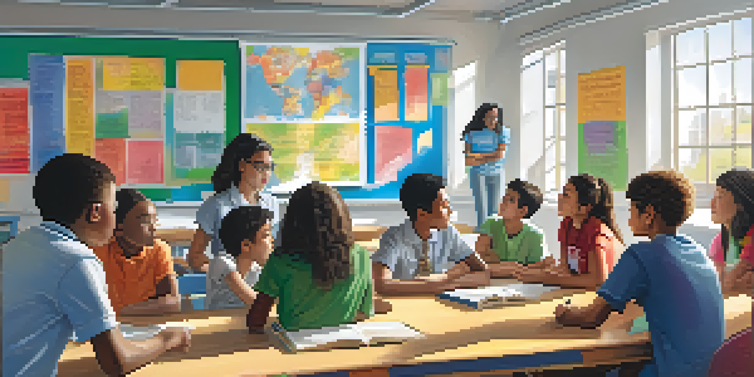 A diverse group of students in a classroom, with one student explaining a math problem on a whiteboard to attentive peers, illuminated by sunlight.