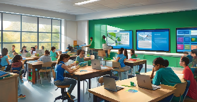 A bright and spacious modern classroom with students engaged in various blended learning activities, collaborating in groups and studying individually with digital screens and learning materials around.