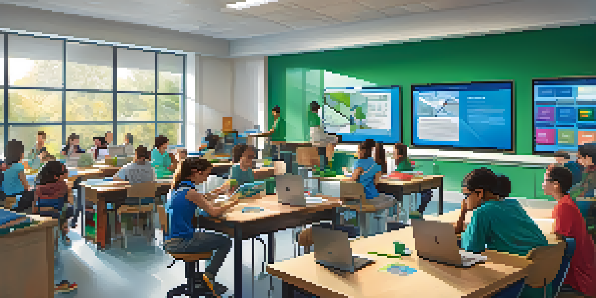 A bright and spacious modern classroom with students engaged in various blended learning activities, collaborating in groups and studying individually with digital screens and learning materials around.