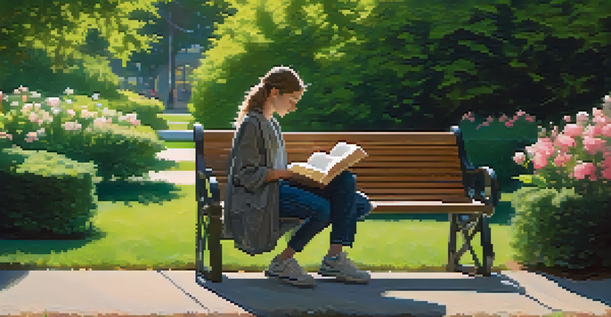 A student reading a book on a park bench, surrounded by greenery and flowers, with sunlight filtering through the leaves.