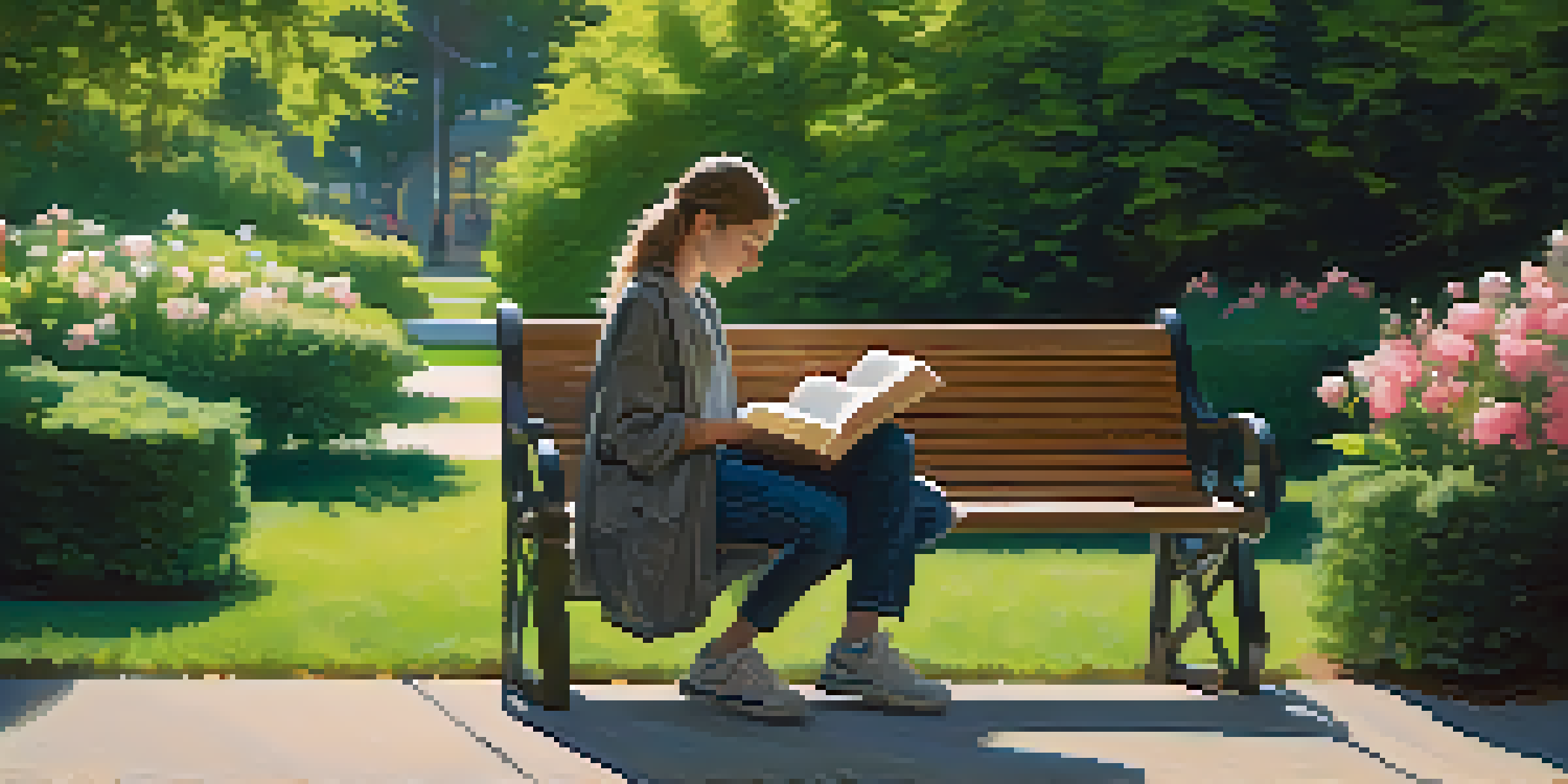 A student reading a book on a park bench, surrounded by greenery and flowers, with sunlight filtering through the leaves.