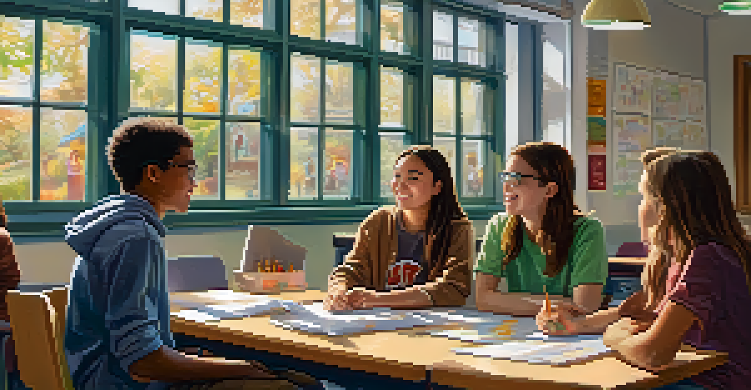 Students in a cozy classroom engaged in a lively group discussion, surrounded by colorful posters and bright natural light.