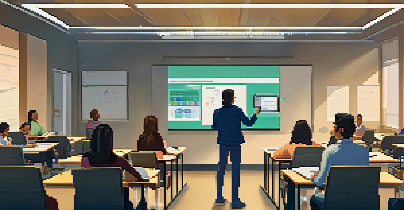 A teacher training session in a conference room where instructors are learning about digital educational tools.