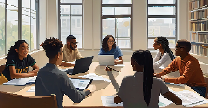 A group of diverse students collaborating at a table, discussing ideas with books and laptops around them in a bright classroom.