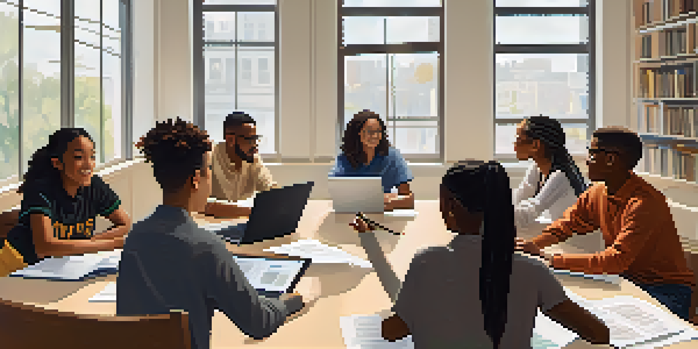 A group of diverse students collaborating at a table, discussing ideas with books and laptops around them in a bright classroom.
