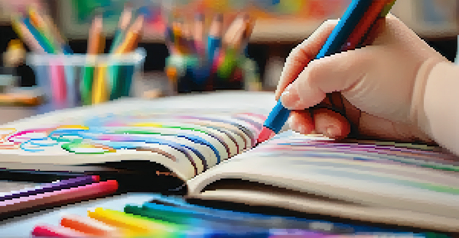 A child writing in a reflective journal with crayons and colorful drawings around, showcasing personal expression and creativity.