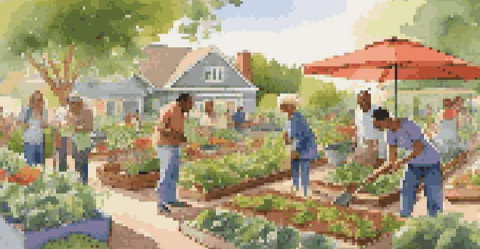 A lively community garden with people planting vegetables and sharing gardening tips under a sunny sky.