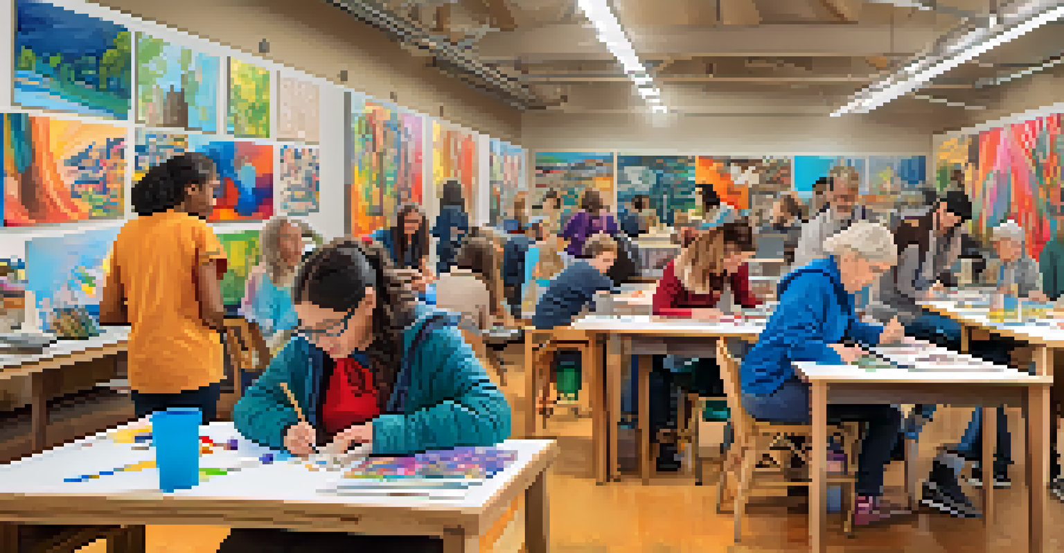 An energetic workshop with diverse individuals collaborating on creative projects, filled with art supplies and colorful artwork.