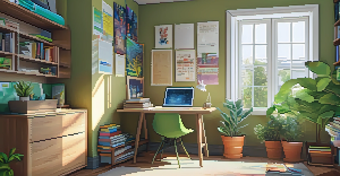 A bright study room with a wooden desk, colorful books, a laptop, and plants outside the window, adorned with motivational quotes.