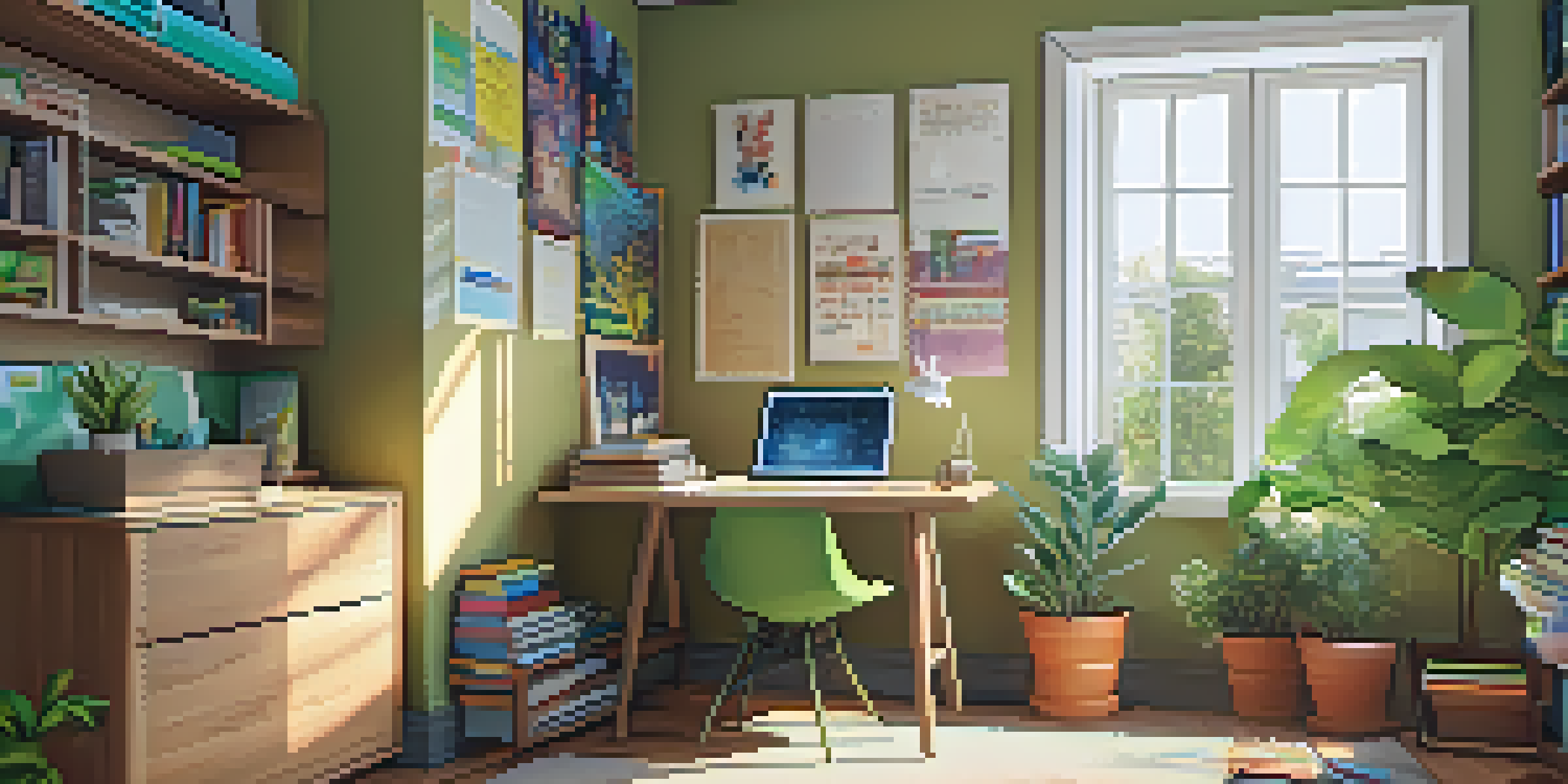 A bright study room with a wooden desk, colorful books, a laptop, and plants outside the window, adorned with motivational quotes.