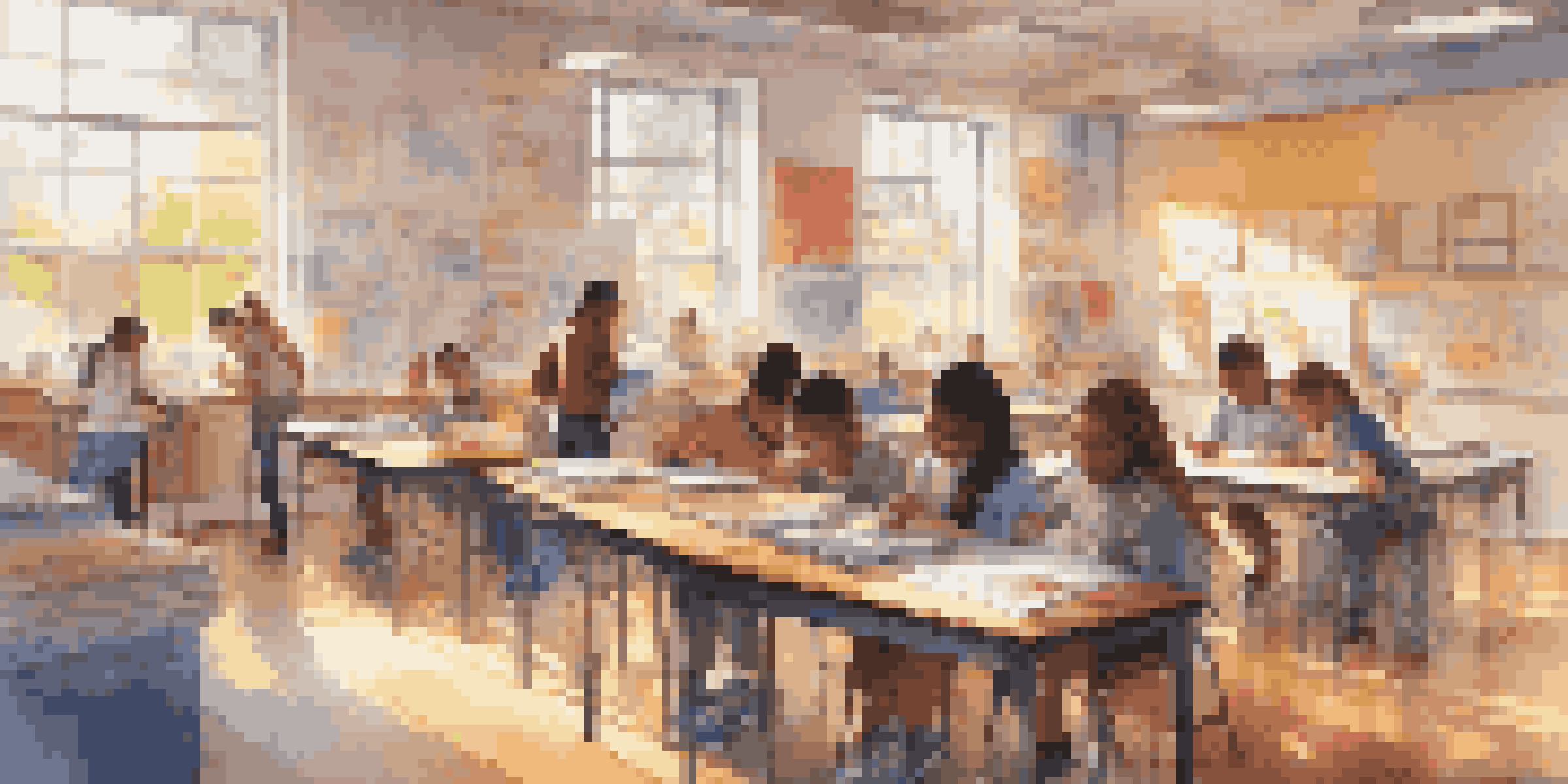 A lively classroom with diverse students actively engaged in different personalized learning activities.