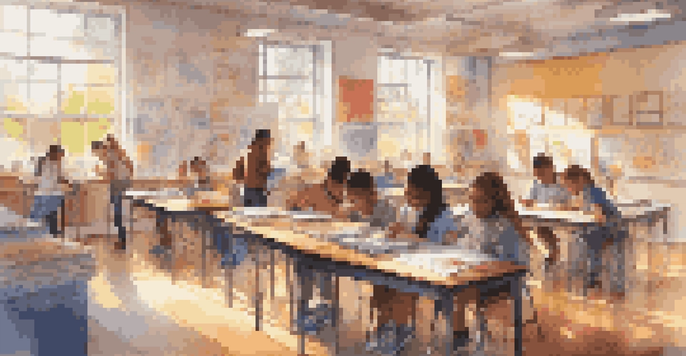 A lively classroom with diverse students actively engaged in different personalized learning activities.