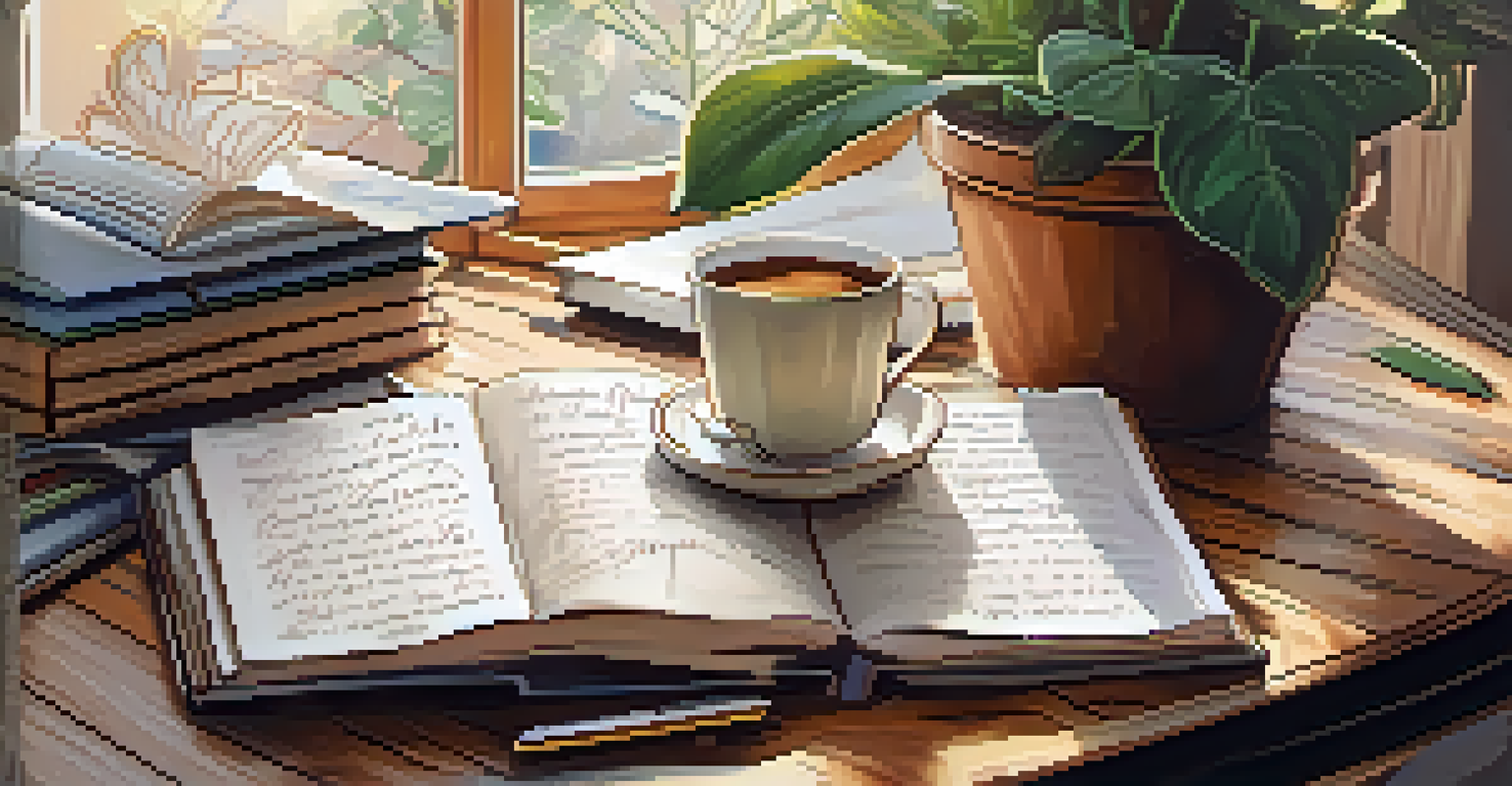A hand writing in a journal next to a cup of coffee in a cozy, sunlit room.
