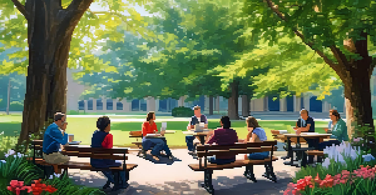 A group of teachers discussing ideas outdoors, sitting on benches under a tree in a lush garden.