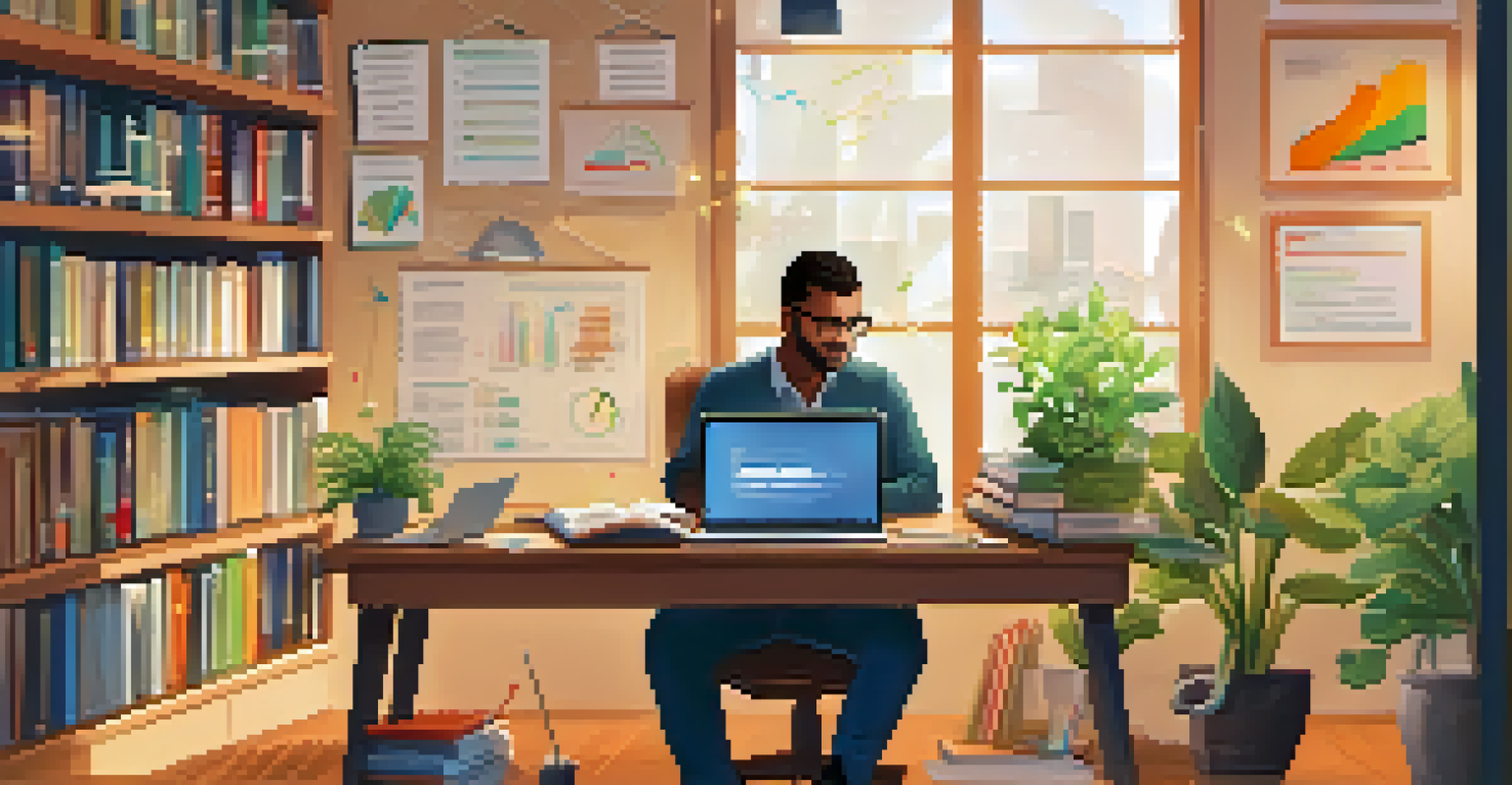 An educator in a cozy office analyzing data on a laptop, with floating graphs and charts around them, emphasizing a nurturing learning environment.